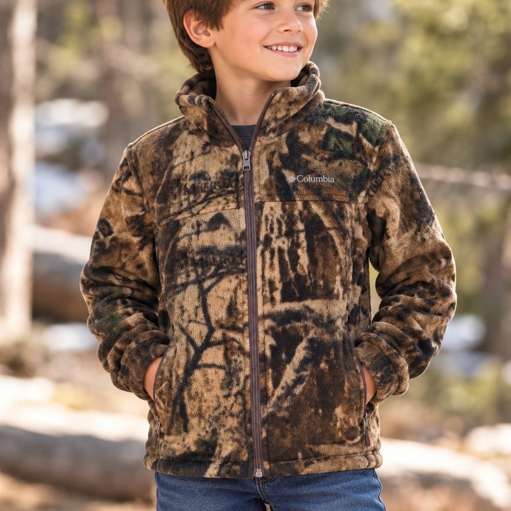 Columbia Fleece Jacket Kids Small Brown Camo Excellent Full Zip Camouflage